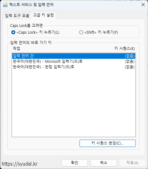 텍스트 서비스 및 입력 언어 창에서 고급 키 설정 탭을 연 화면